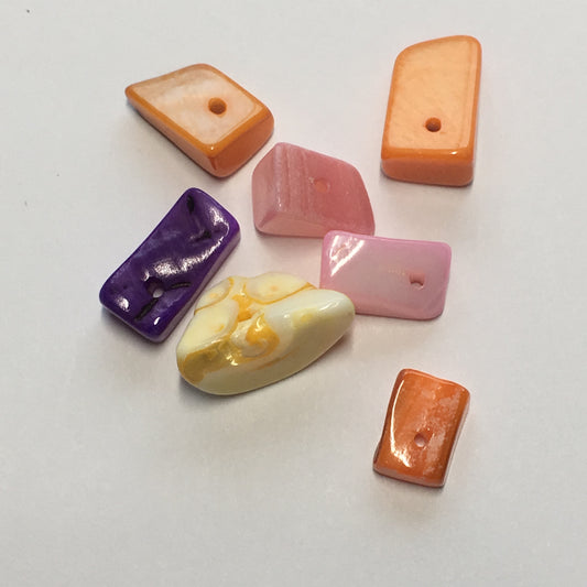 Pink, Purple, Orange and Yellow Dyed Shell Nugget Beads, 9 x 6 - 15 x 8 mm, 7 Beads