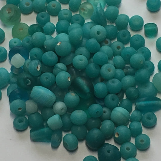 Frosted Teal Green Glass Bead Mix, Rounds, Saucers and Others, Over 100 Beads