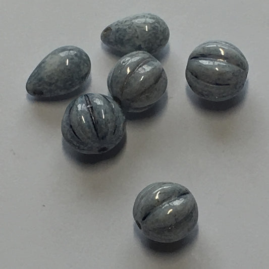 White Glass with Blue Speckles Teardrop and Fluted Round Beads - 6 Beads
