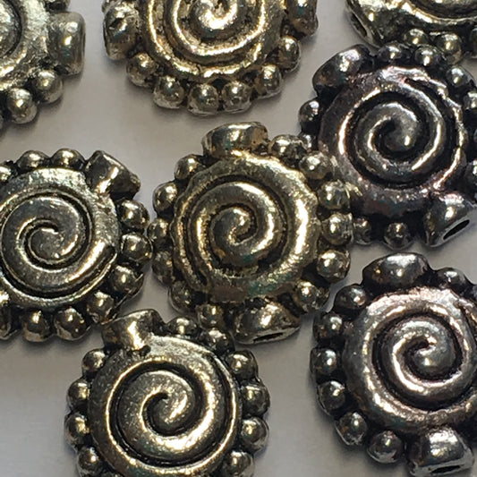 Antique Silver Spiral Saucer Beads, 11 x 10 mm - 10 Beads