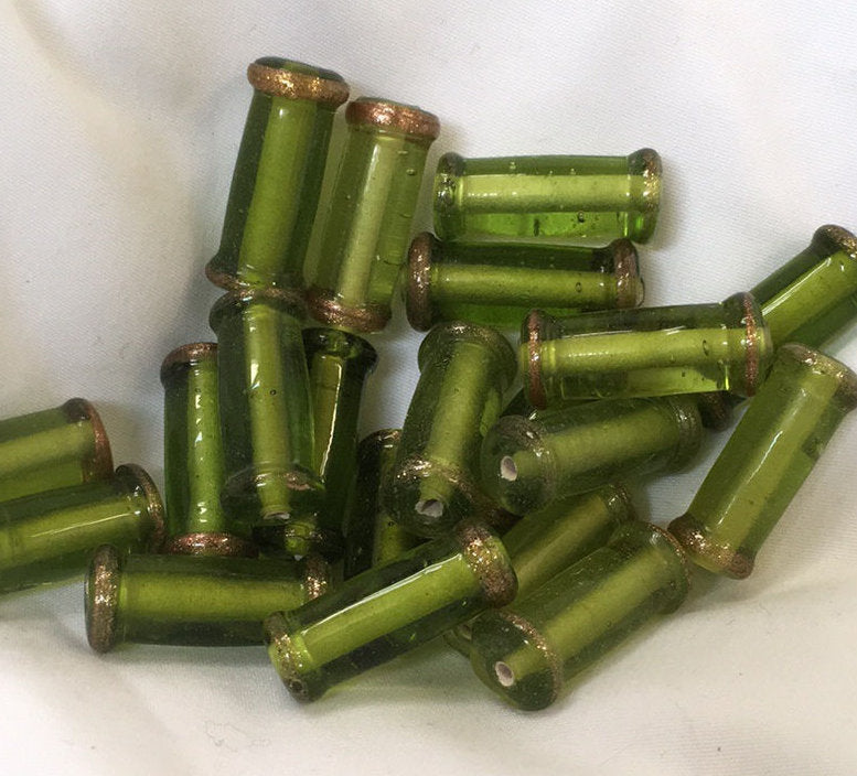 Green Lampwork Glass Tube Beads 20-22 mm x 9 mm - 21 Beads